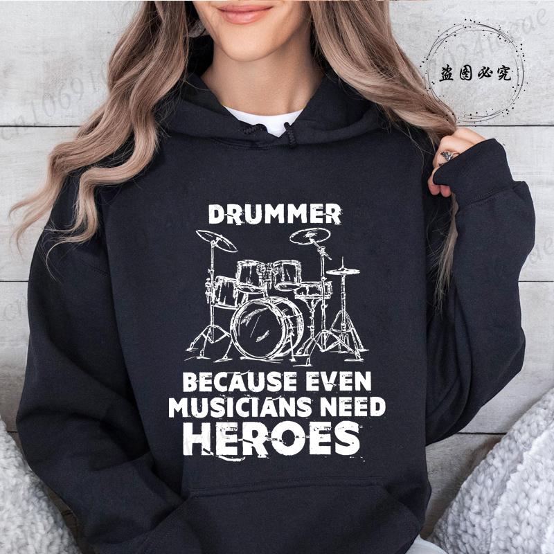 Autumn Fleece Hoodie Drum Heartbeat Print Hooded Drummer Fashion Sweatshirt Long Sleeve Top Drumming Music Musician Band Hoodies