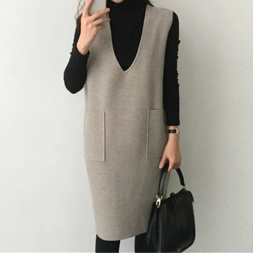 Woolen Sleeveless Tank Dress Women's Autumn Winter Solid Loose Vest Bottom Midi Dresses