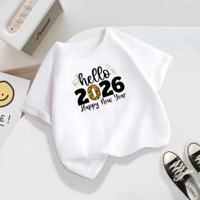 Happy New Year 2026 Unisex Printed T-shirt for Children's Casual and Comfortable Short Sleeved T-shirt