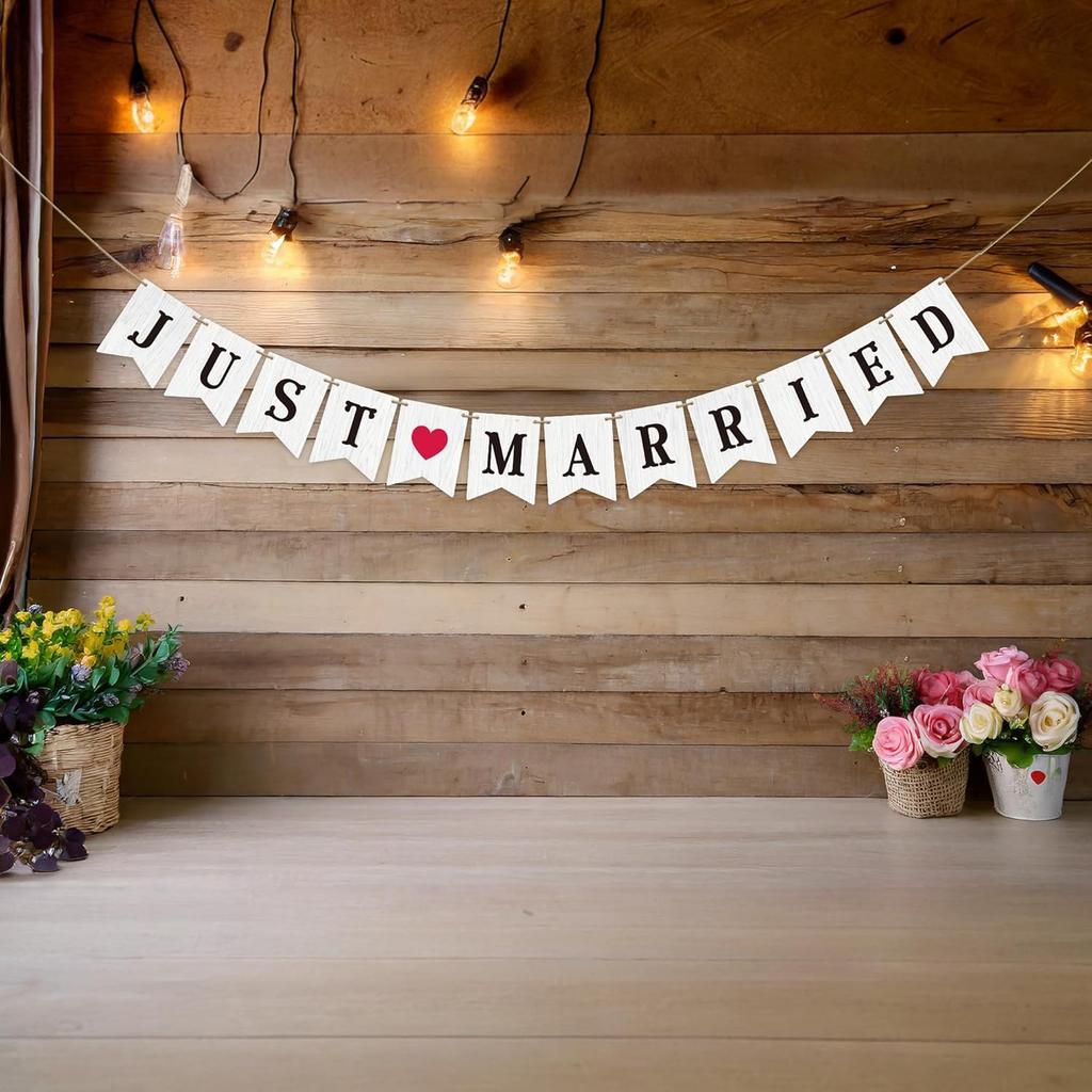 Just Married Banner Rustic White Wooden Wedding Banner Decoration