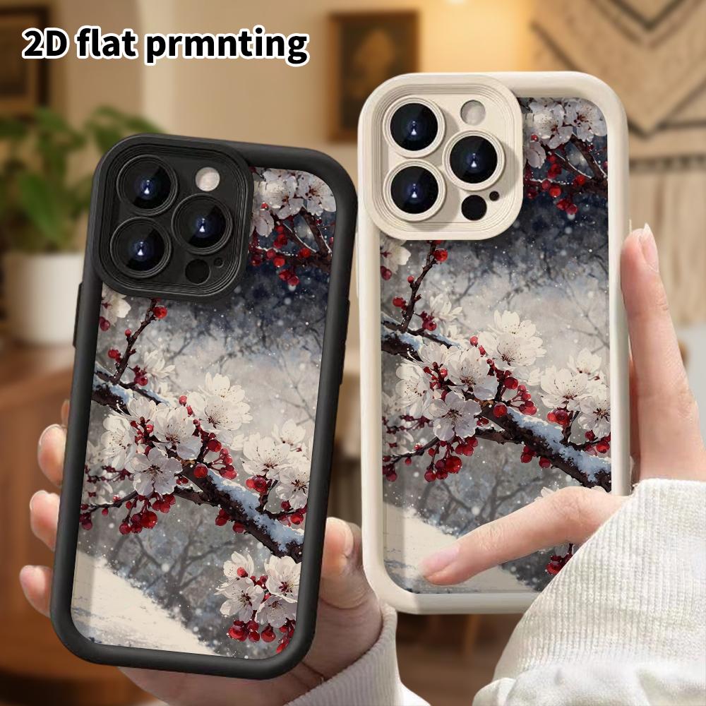 Phone Case: 2D Flat Design Suitable for iPhone 18 17 16 15 14 13 Pro Tiered Protective Case, Falling Snow White Plum, Christmas and Halloween Gift