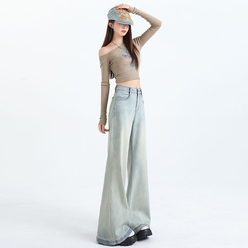 Light-colored Wide-leg Big Flared Jeans for Womens Spring Updated High-waisted Slimming Stretch-loose Horseshoe Pants