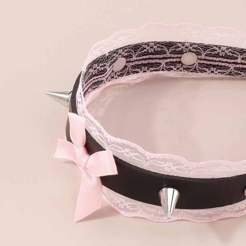 Lace Bowknot PU Pendant Short Necklace for Women Trend Cosplay Clavicle Choker Adjustable Collar Girls Party Jewelry