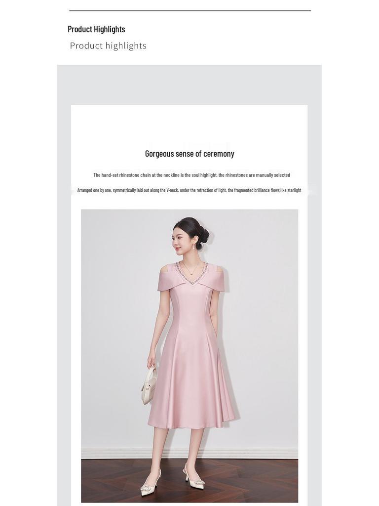 Elegant French V-Neck Off-Shoulder Summer Evening Dress - Light Luxury Studded Waist-Hugging Design