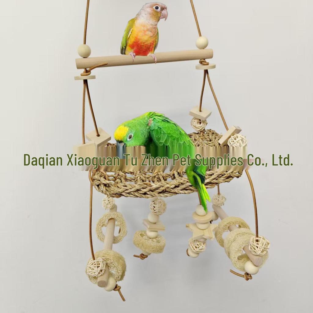 Parrot Toy Set: Perch Stand, Hammock, Climbing Net & Loofah Chew