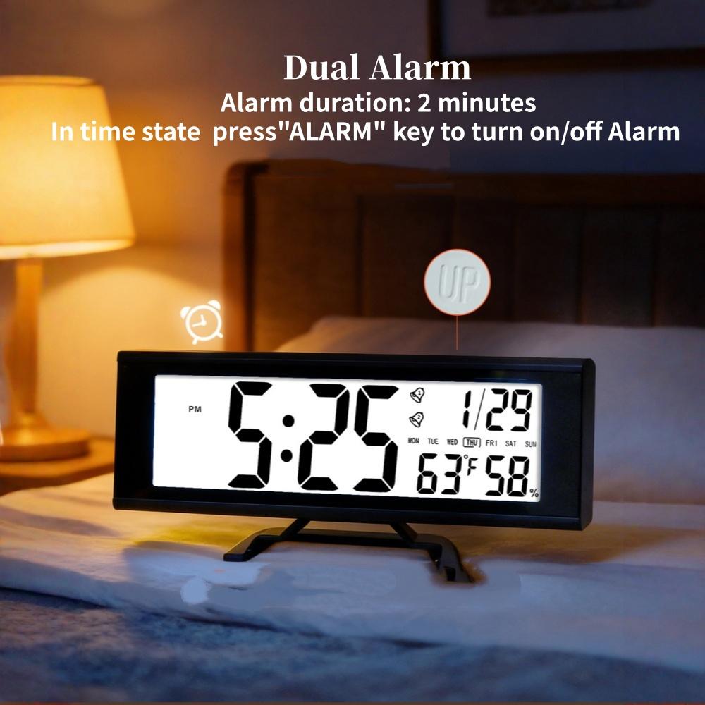 Battery Powered Large Digital Alarm Clock with Backlight Temperature Humidity Date Snooze Table Clock Dual Alarm12/24H LCD Clock