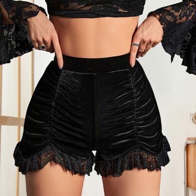 Damen Shorts Spitzenfarbe Hohe elastische dunkle Taille Slim Fit Patchwork Solide Plissee Unregelmäßiger Saum