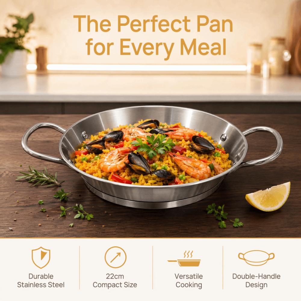 Double Handles Paella Pan 22cm Seafood Rice Pot Metal Serving Plate Dish Kitchen Use