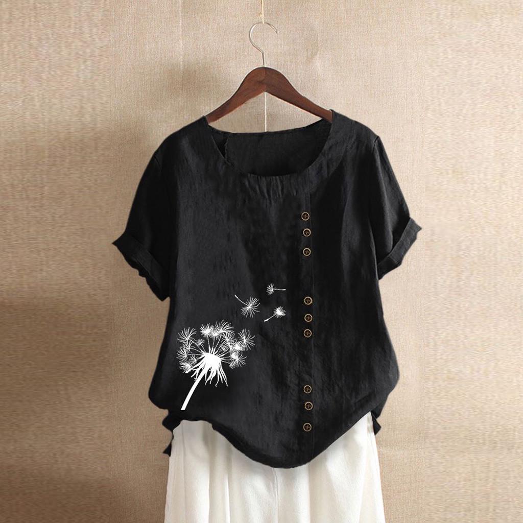 Kvinner Knapper Kortermet Blomstertrykk Knapper Bomull Lin Vintage Topp