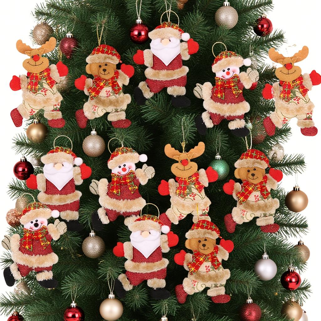 4/8pcs Festive Christmas Tree Ornaments -Santa,Snowman,Reindeer & Bear Figures with Red & White Scarves,Golden Balls & Red Bows