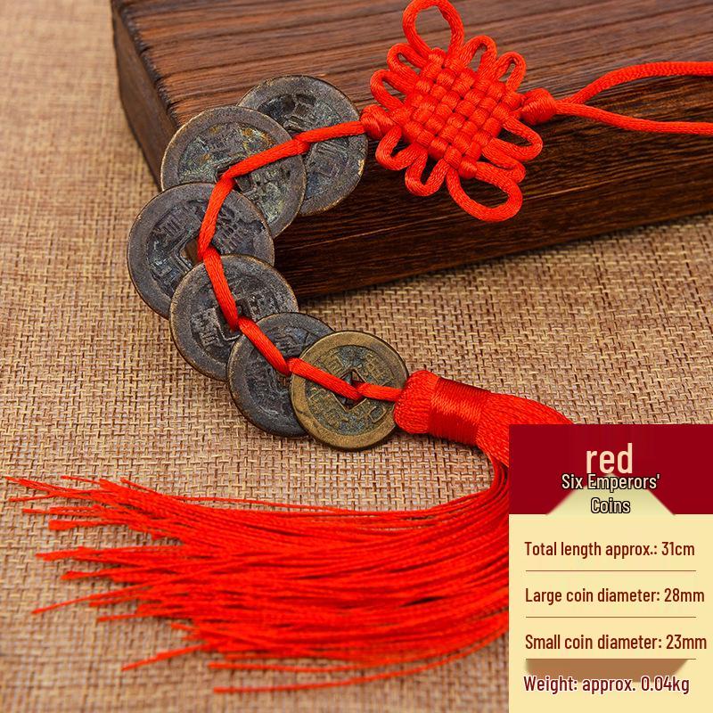 Pure Copper Chinese Lucky Knot Pendant with Five, Six, and Ten Emperor Coins - Door or Threshold Decoration.