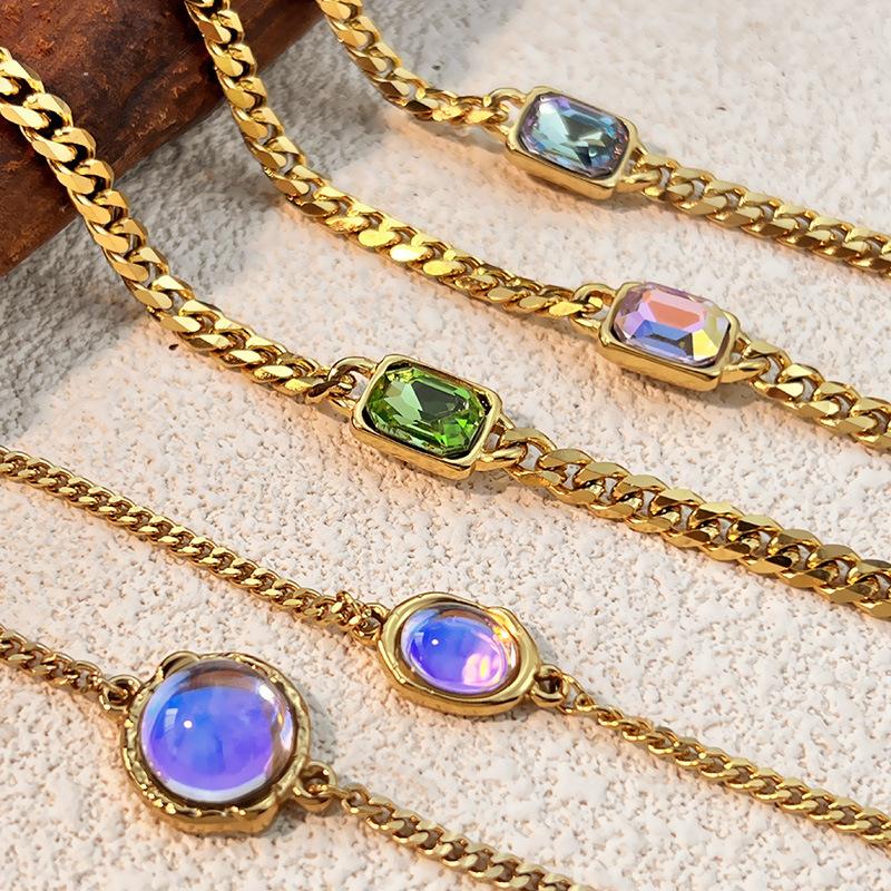 Fashion Gold Plated Stainless Steel Exquisite Versatile Colorful Cubic Zirconia Square Oval Charm Chain Unisex Gift Bracelet