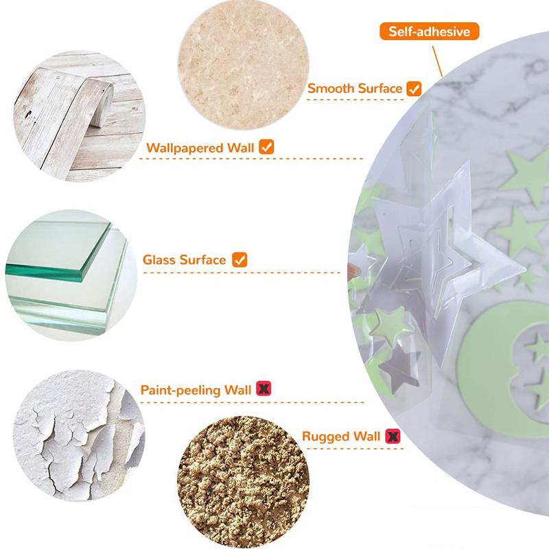 55 Sheet of Luminous Star Wall Stickers, 2D Fluorescent Stickers for Home Kids' Bedroom Ceiling & Wall Art Decals