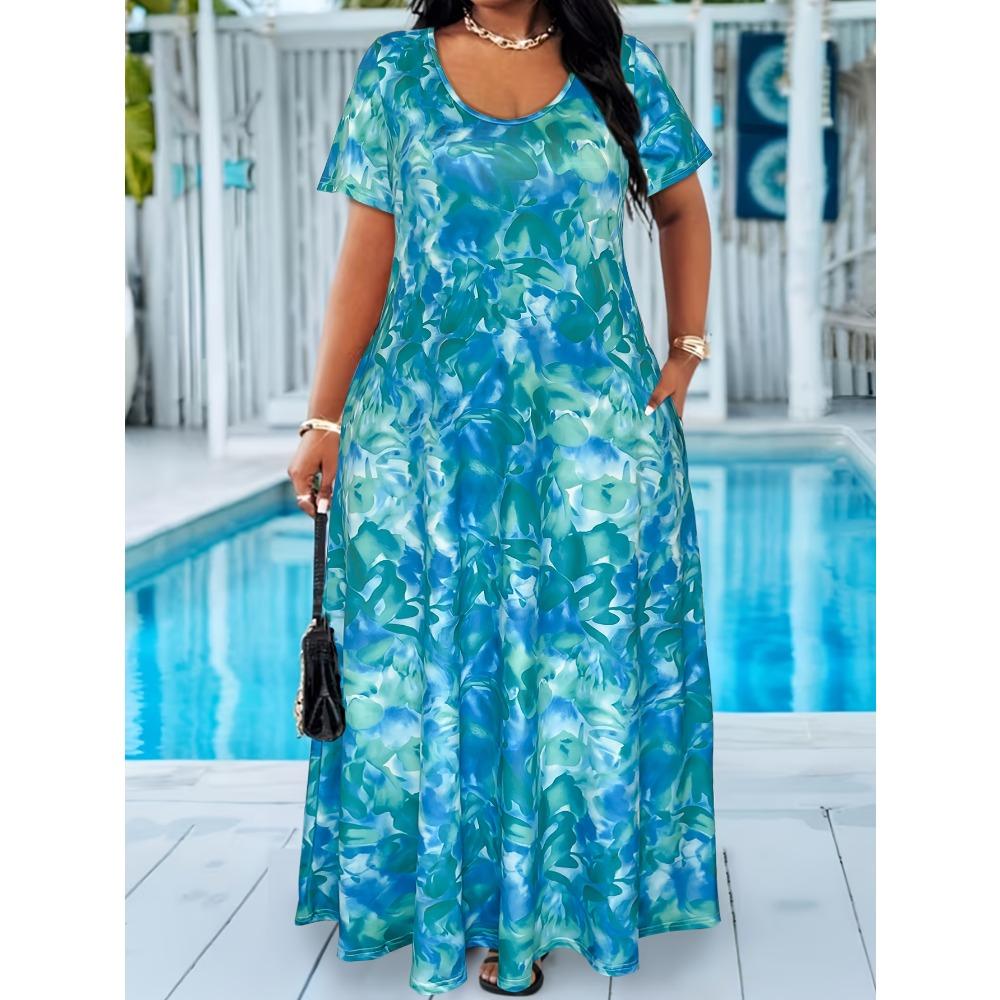 Übergröße Print Kurzarm Maxikleid, V-Ausschnitt Locker Lässig Sommerkleid Mit Seitentaschen, Sommer Strandurlaub Langes Kleid