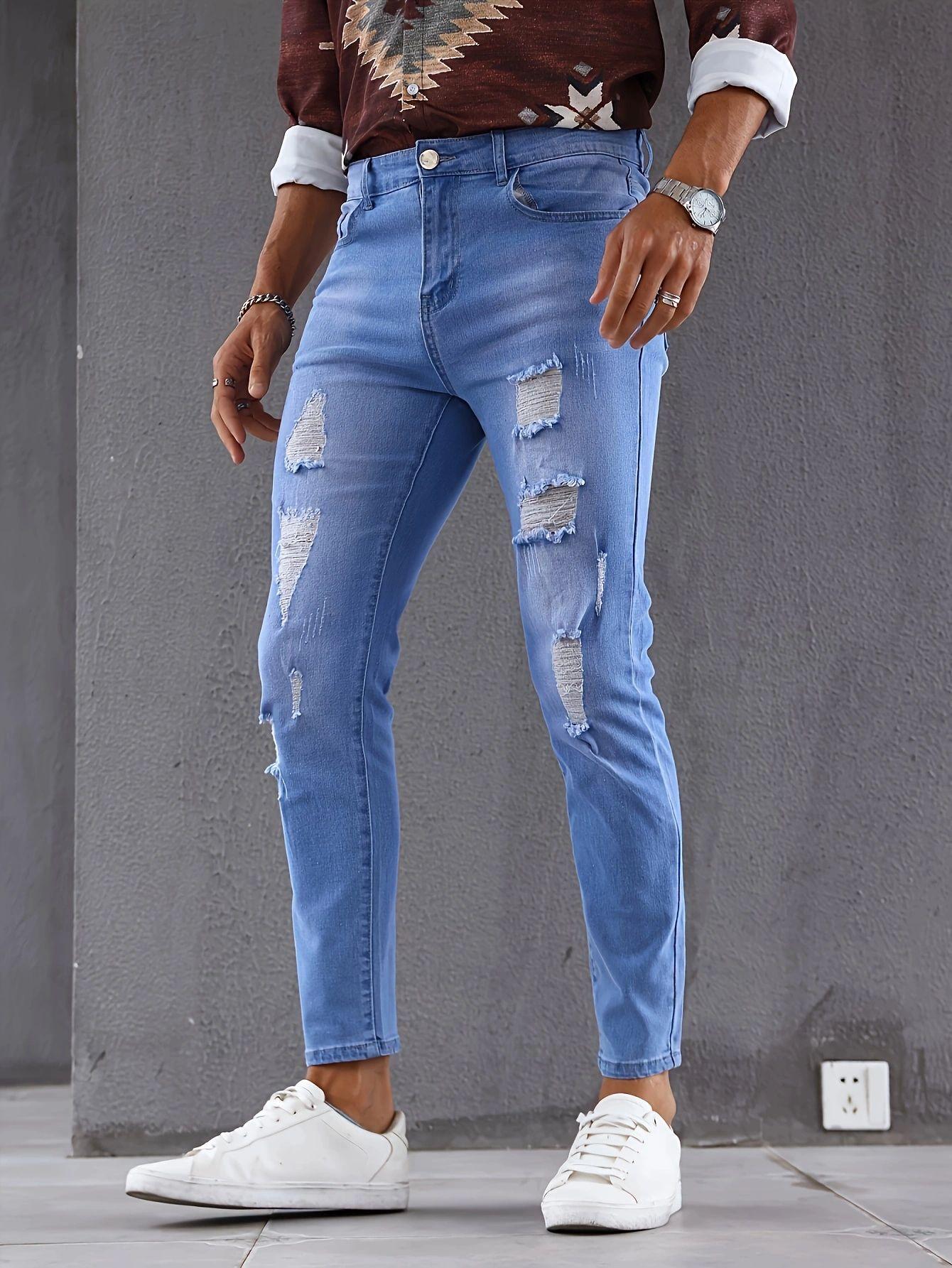 Popular Old Polished White Ripped Jeans Men S Light Blue Slim Nine-Point Pants Ins Tide XS