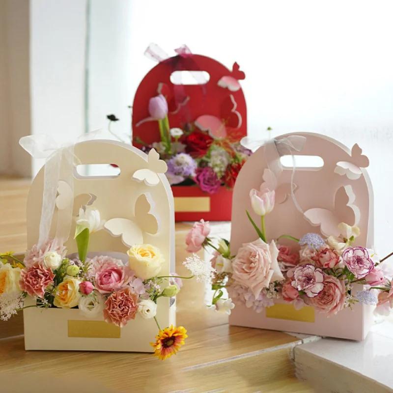 5pcs Paper Butterfly Handheld Flower Box Wedding Birthday Flower Basket Festival Party Arrangement Bag Flower Packaging Gift Box