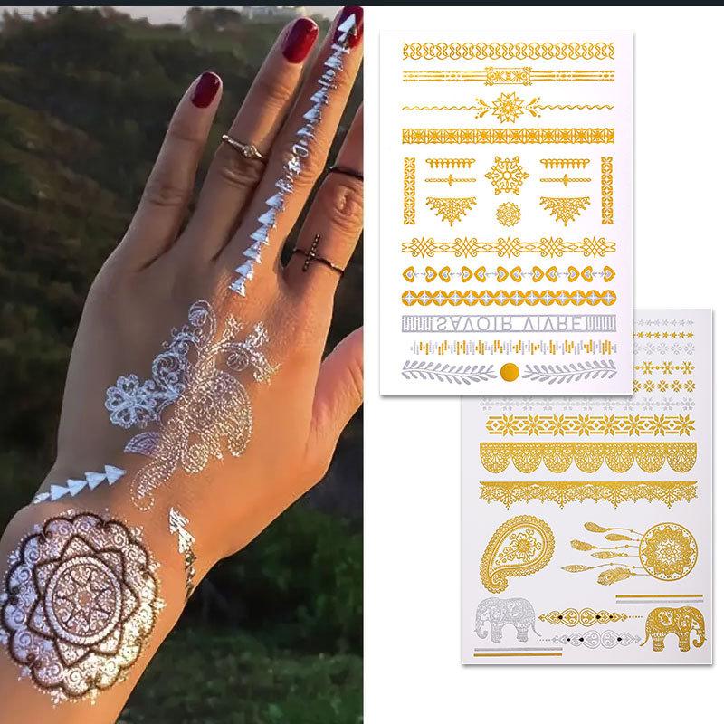 Hot Stamping Tattoo Sticker Waterproof Retro Metal Temporary Tattoo Tattoo Hot Silver Tattoo Sticker