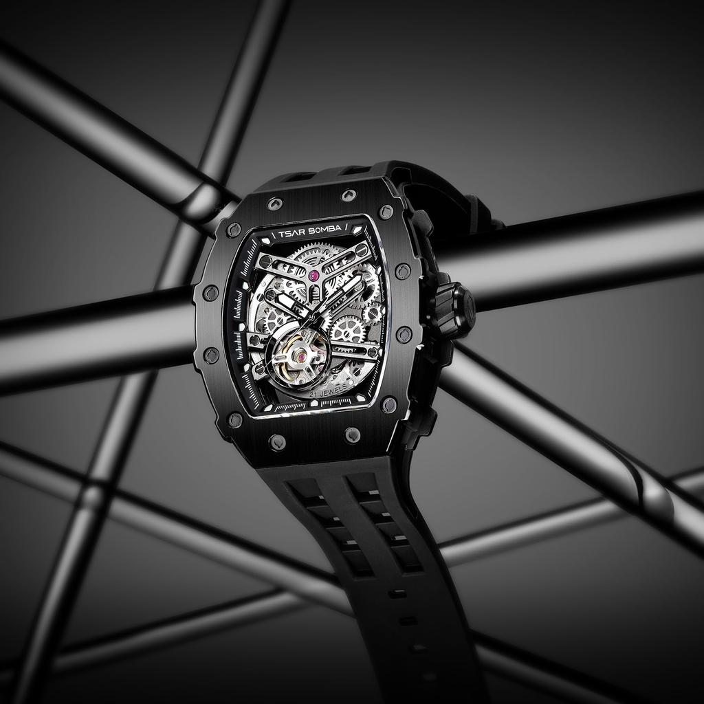 TSAR BOMBA Skeleton Design Automatic Watch with Barrel 50m Water Luminous Sporty Gift for Men Men's Case, Resistance, Function, Black, Fashion,