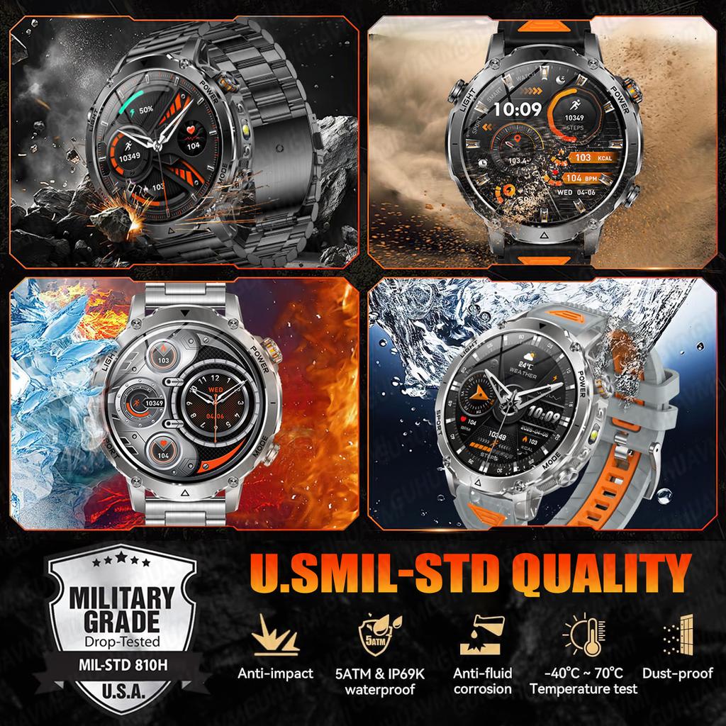 New TANK Ultra 1400mAh Battery Military Smart Watch 10ATM Waterproof Heart Rate Tactical LED Flashlight Men Sports Bracelet