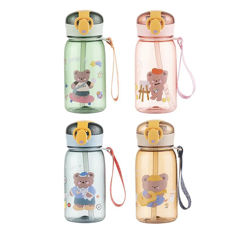 Cartoon teddy bear children's plastic cup, portable for school, outdoor, with rope, one click open cover, summer straw water cup