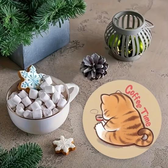 6Pcs Cute Wooden Cat Coaster, Cartoon Heat Insulation Mats for Table, Non Slip Drink Coasters for Coffee Cups