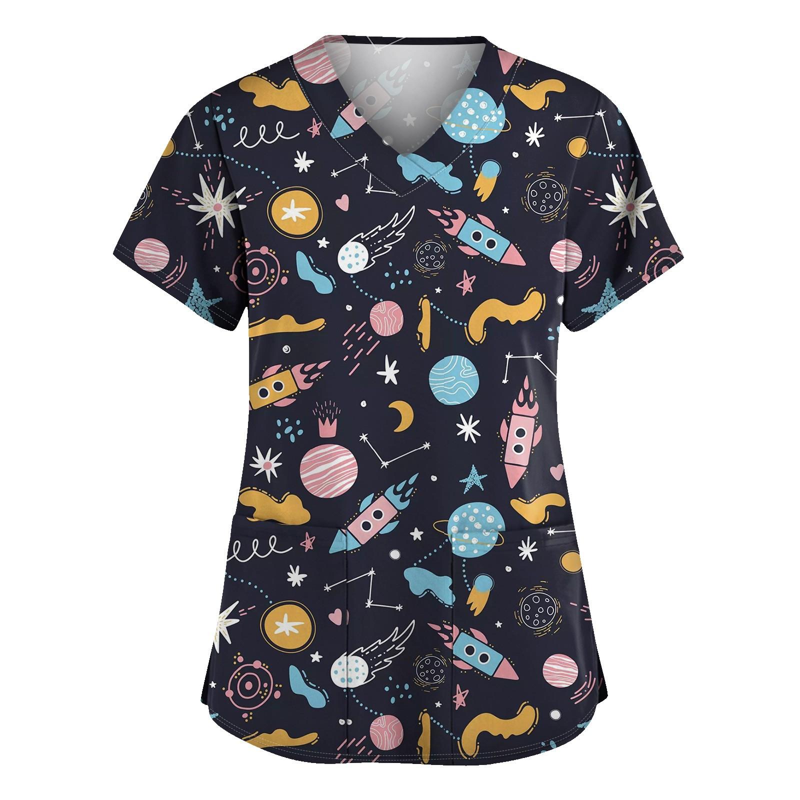 

Женская мода с v-образным вырезом, короткими рукавами и карманами, топы с принтом XXXXL тёмно-синий