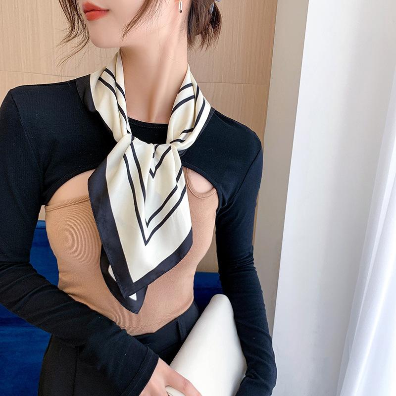 New twill silk niche simple style, classic black and white geometric printing simulation silk square towel sun protection decoration women
