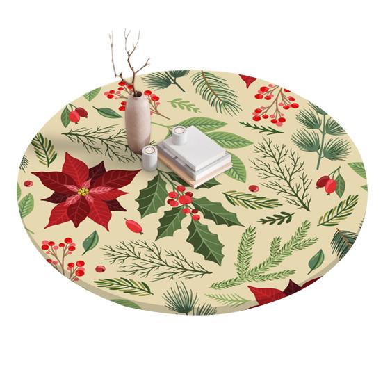 Fitted Christmas Round Tablecloth Holiday Snowflakes Table Cover with Elastic Edge Water-Resistant Christmas Tree Table Cover for Round Tables Dinner