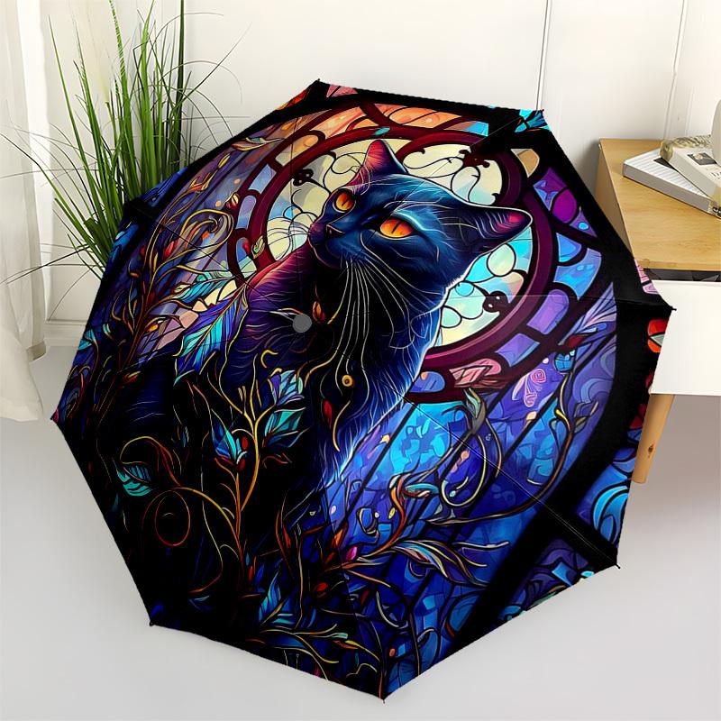 1pc Stained Glass Cat Design Automatic Folding Umbrella - Portable 3-Fold Design with Iron Frame, Outdoor, Ideal Gift for Fans, Travelers, Daily Use.K