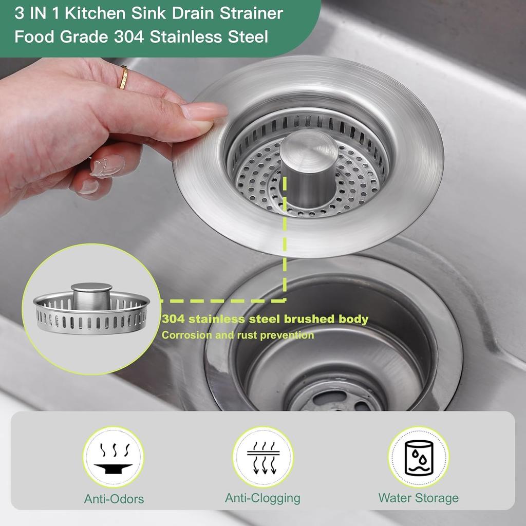 Kitchen Sink Drain Strainer 3 in 1, 304 Stainless Steel Pop Up Sink Stopper, Anti-Clogging Sink Stopper Kitchen Drain, Kitchen Drain Catcher, Kitchen