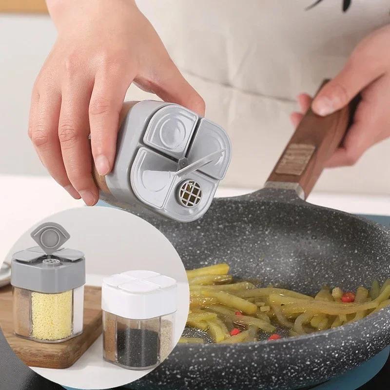 4 In 1 Spice Salt Pepper Shaker Transparent Seasoning Jar Pepper Shaker BBQ Condiment Kitchen Gadget with Lid