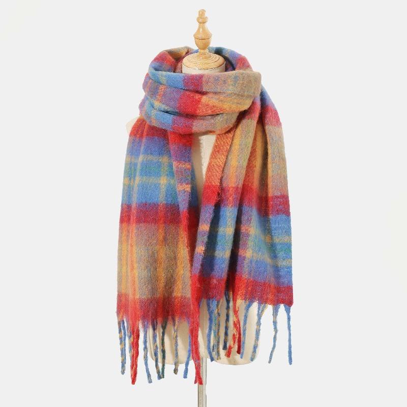 

Мохеровый радужный клетчатый шарф с бахромой женский утолщенный теплый шерстяной удлиненный шарф