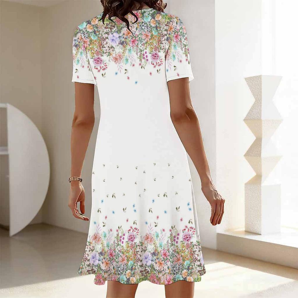 Ladies Oversized Round Neck Short Sleeve Dress Natural Floral Branch Print For Summer Outdoor Relax