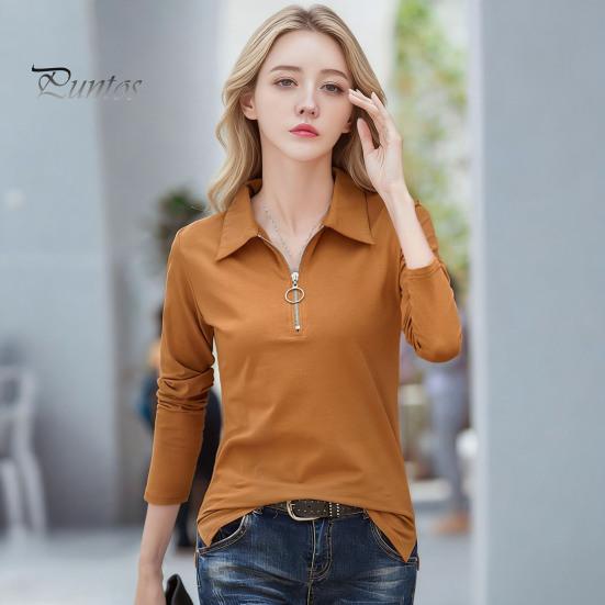 Women T-shirt Lapel Zipper Half Placket Long Sleeve Pullover Tops Solid Color Soft Stretchy Tee Slim Fit Casual Shirt Work Party Vacation Daily