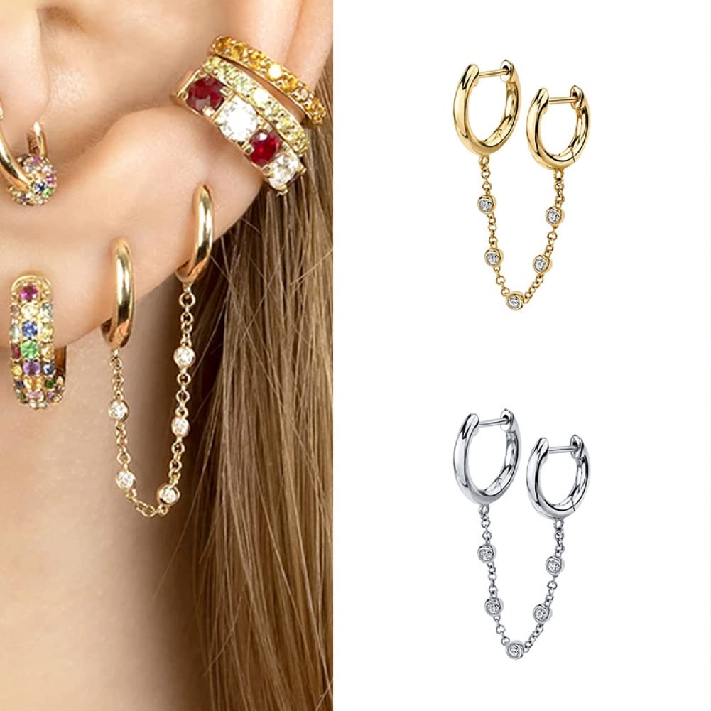 Rockyu Earrings for Double Hoop Chain Large and Small Ring Double Ring Silver Accessories Women, Zirconia, Earrings, Earrings, Hoop, Chain, Earrings,