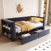 Lit rembourré 90×190 cm, avec éclairage LED, prise et grand espace de rangement, avec tiroirs spacieux, lit-canapé multifonctionnel, lit simple, gris foncé