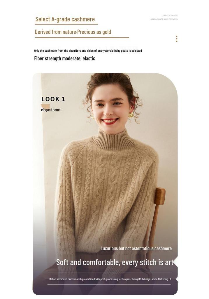 Women's Cashmere Cable Knit Sweater, Half-High Neck, Thick, Slimming, Loose Fit, Warm Base Layer for Autumn and Winter.