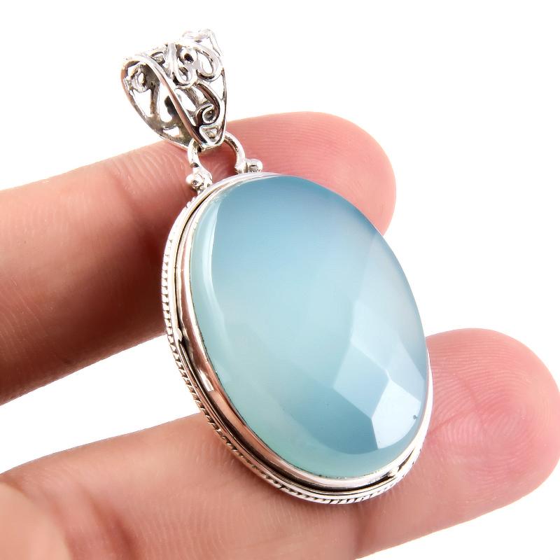 Natural Aqua Chalcedony Gemstone 925 Solid Sterling Silver Pendant 1.8" Z1p67