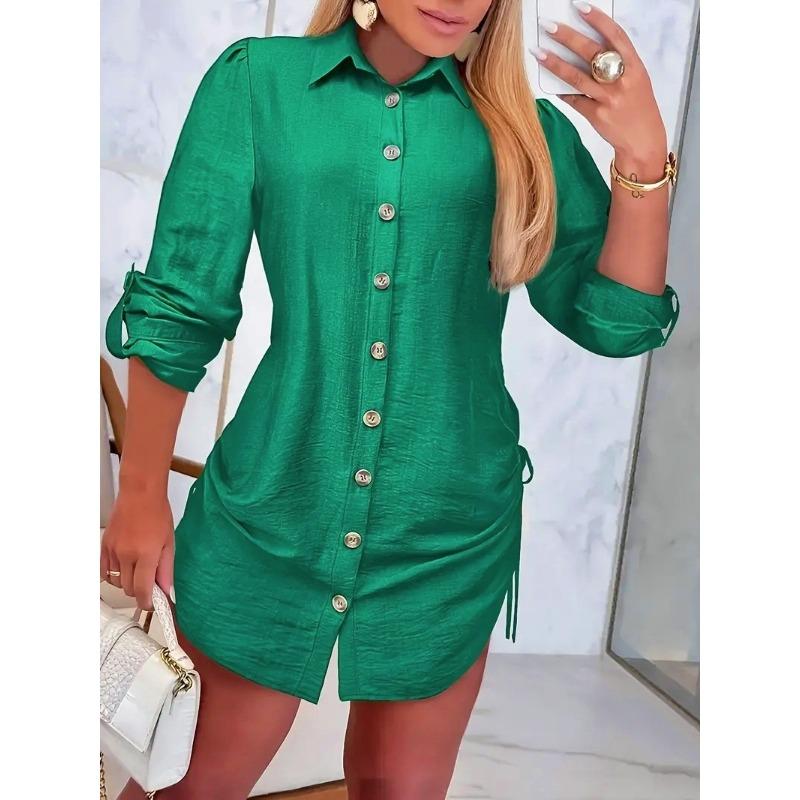 

JKASHDK Женская мода весна осень однотонный принт длинный рукав воротник поло свободная талия повседневные платья XXL зелёный