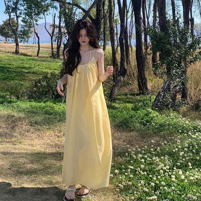 Holiday Style Yellow Suspender Dress Women's Clothing Summer Seaside Wear Skirt Loose Age-reducing A-shaped Skirt Long Skirt