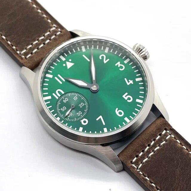 

42 мм стерильный сапфировый кристалл, черный и белый, синий, зеленый циферблат, подходит для ETA 6497, мужские часы с ручным заводом, кожаный ремешок розовый