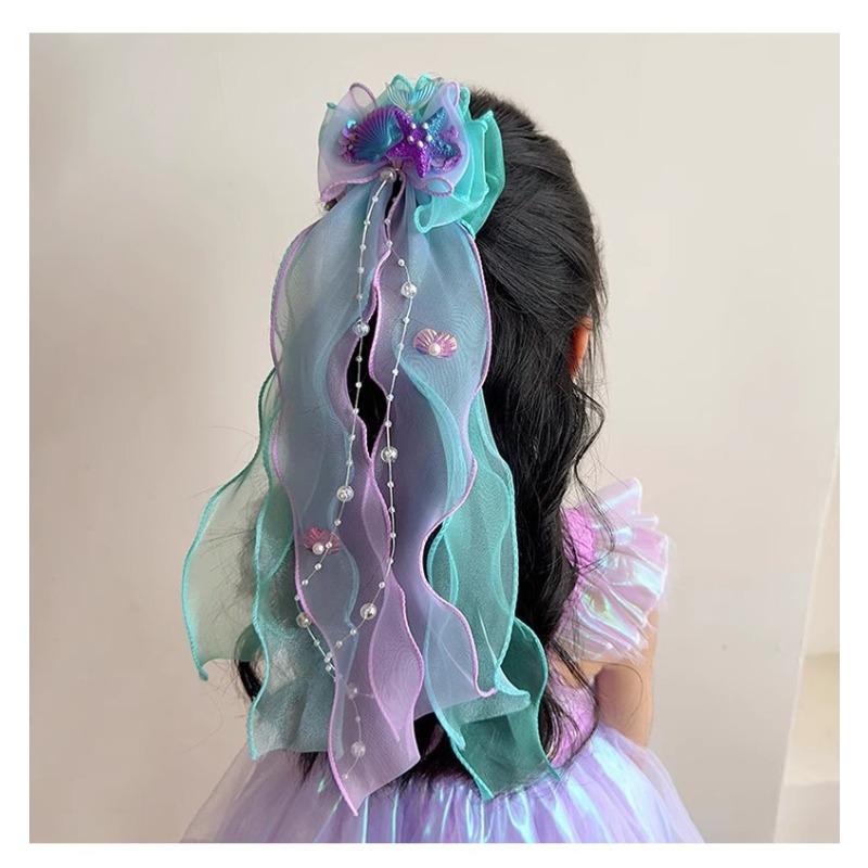 Mermaid Princess Children's Bow Hairpin Super Fairy Floating Yarn Clip Little Girl Birthday Performance Hair Accessories Girl Veil