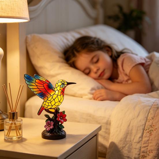 Handmade Stained Glass Bird Night Light, Hummingbird Floral Table Lamp, Vintage Resin Decorative Bedside Lamp for Bedroom, Living Room, Nursery