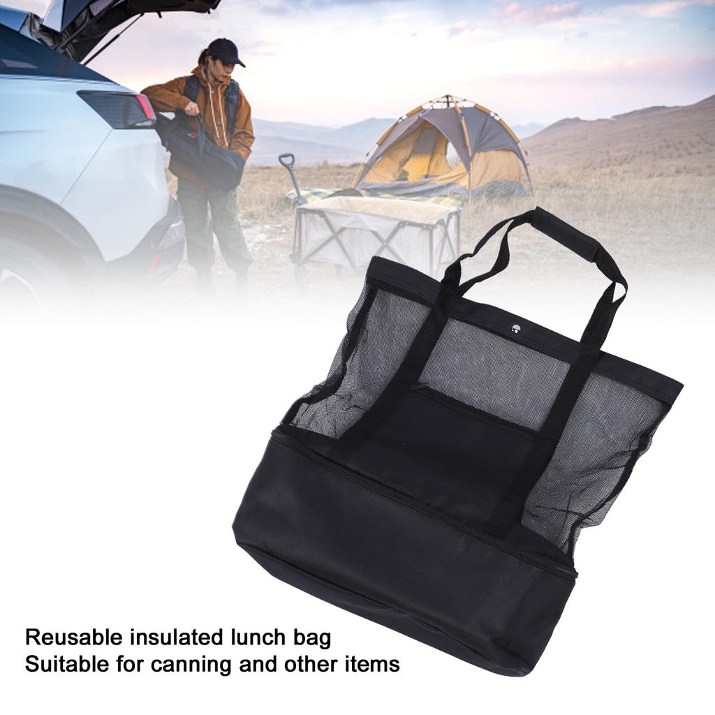 Black Mesh Beach Bag Insulated Zip Closure 2 Handles Reusable Lunch Bag for Picnic Camping