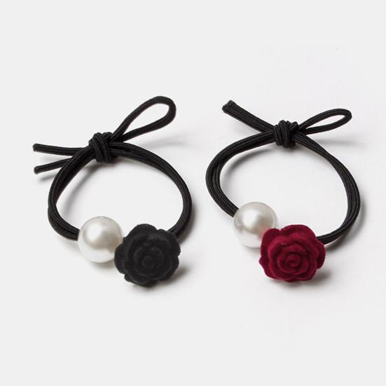 4Pcs Hair Rope Flocking Rose Flower Imitation Pearl Decor Hair Tie Soft No
