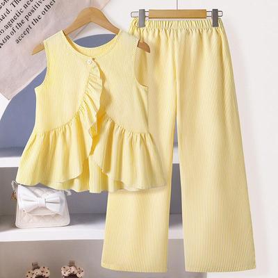 Girls' Summer 2025 Striped Sleeveless Ruffle Top & Wide-Leg Pants Set