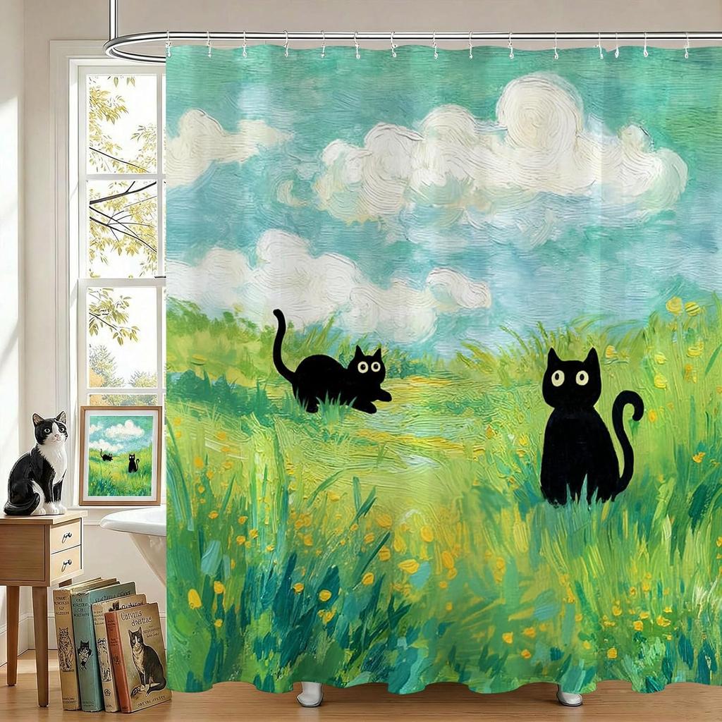 Whimsical Cat Field Shower Curtain Waterproof Bathroom Decoration Home Decor Art Print Cute Kitten Garden Shower Curtain Liner f