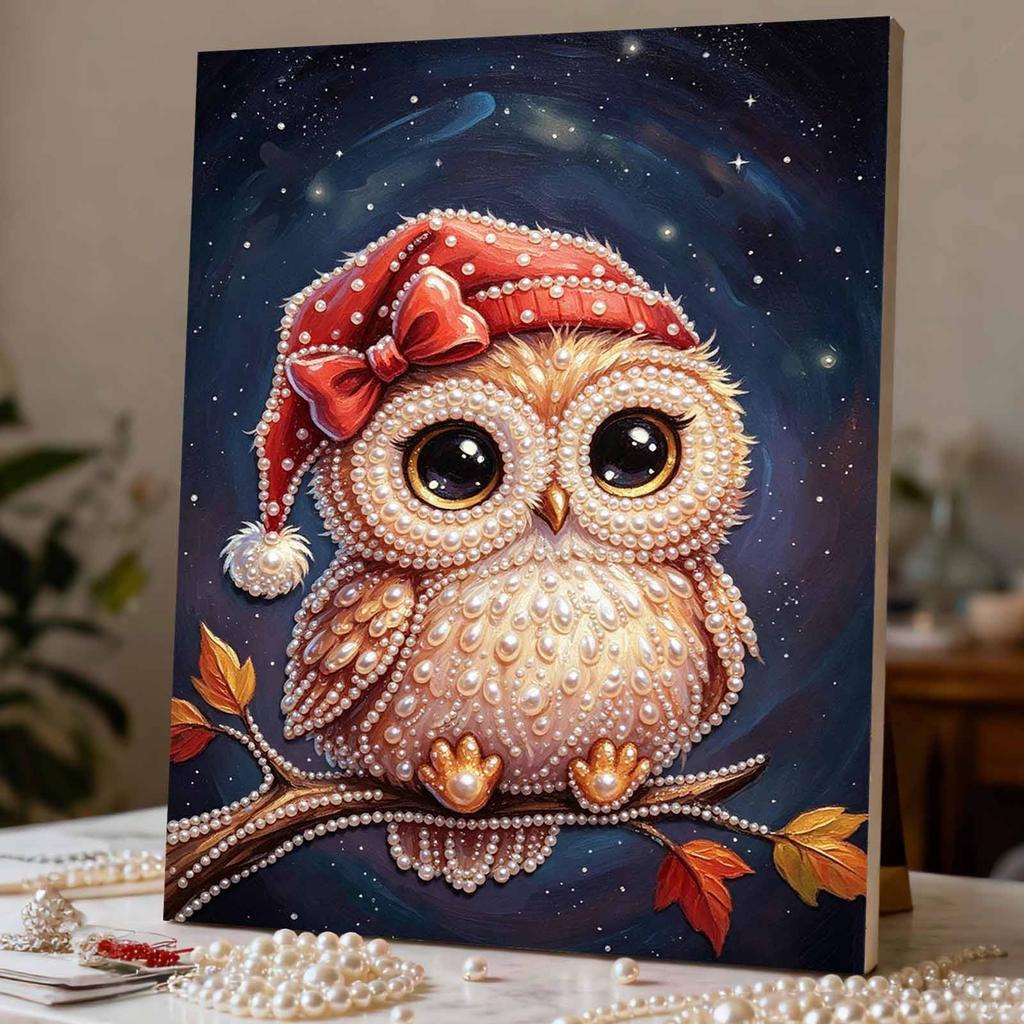 Framed Pearl Bead Painting Kit Christmas Owl Design DIY Shiny Canvas Art Relaxing Craft Gift for Craft Lovers Creative Wall Decor Projects