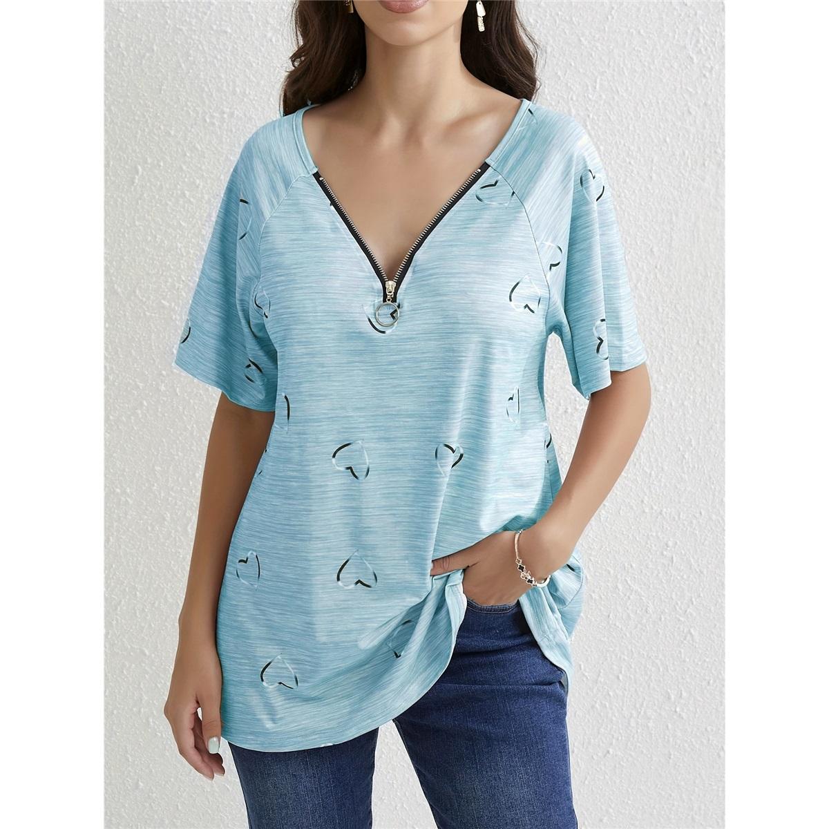 

Women s Summer Short-sleeved Zipper V-neck Love Printed T-shirt S светло-синий