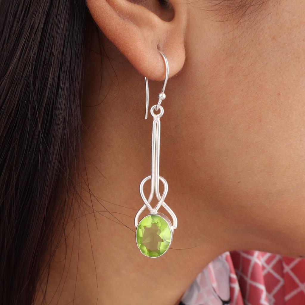 Natural Peridot Gemstone 925 Sterling Silver Jewelry Handmade Drop Earrings1.76" EE-171-3